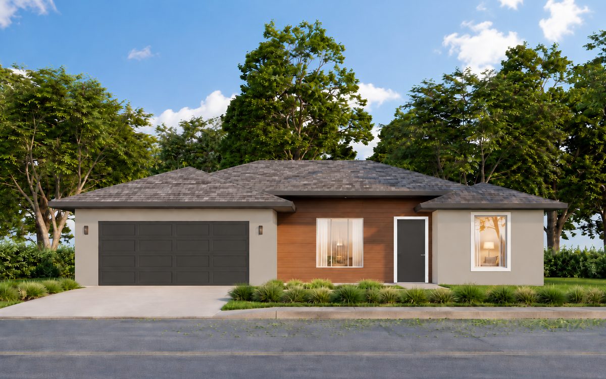 Rendering of the Alfa plan: single-story home with wood-look and stucco front, stone accents and a dark roof
