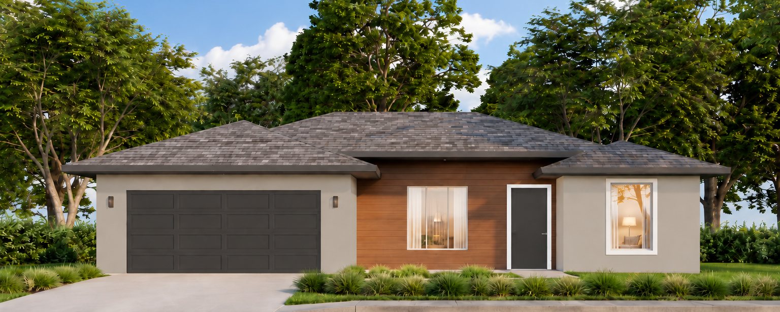 Rendering of the Alfa plan: single-story home with wood-look and stucco front, stone accents and a dark roof