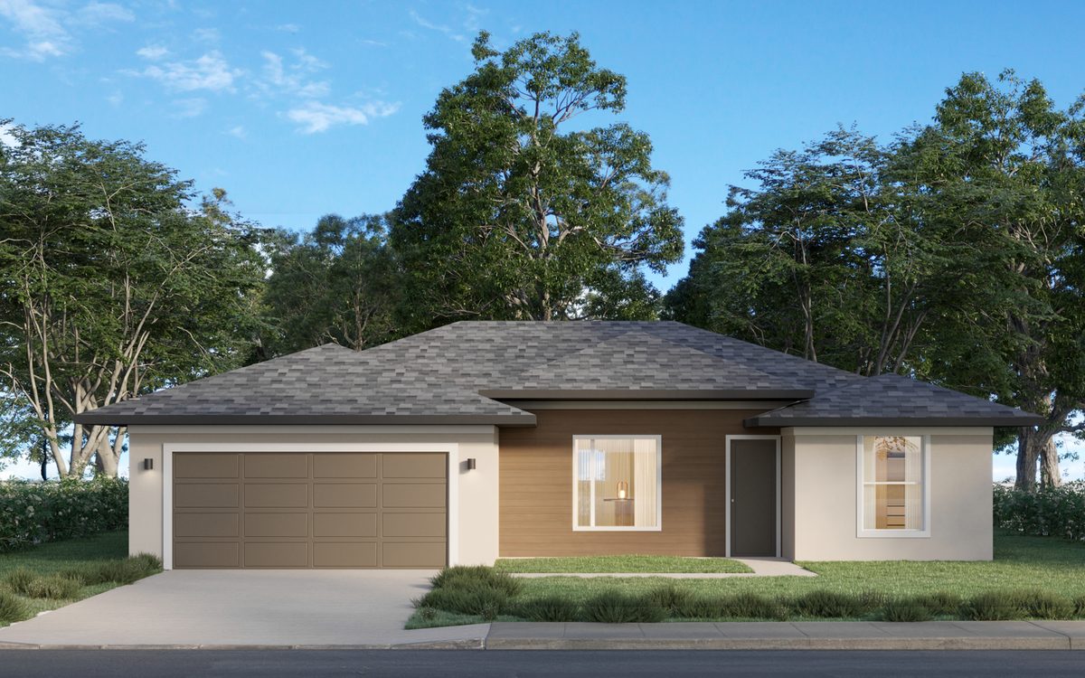Rendering of the Delta plan: single-story home with wood-look and stucco front, stone accents and a dark roof