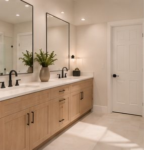 Rendering of a bathroom vanity with wood cabinets and black fixtures