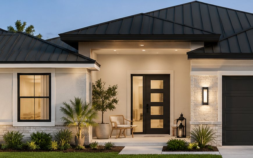Rendering of the Sierra plan at dusk: single-story home with a covered entry, stone accents and a dark standing-seam roof