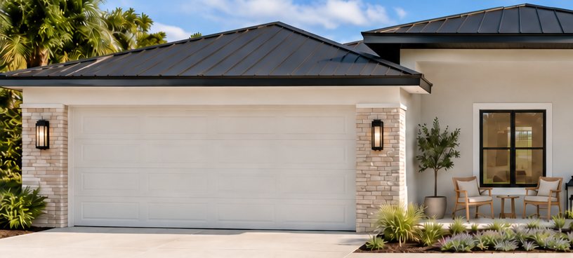 Rendering of a FORMA home: garage with stone columns beside a covered front porch