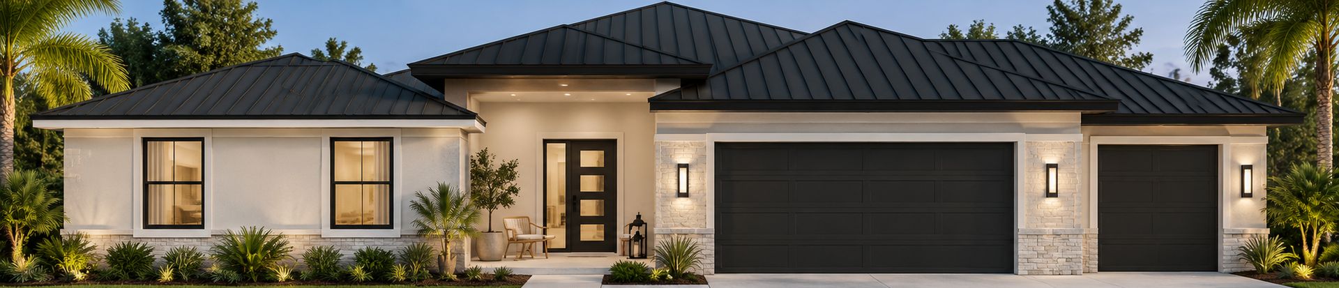 Rendering of the Sierra plan at dusk: single-story home with a covered entry, stone accents and a dark standing-seam roof