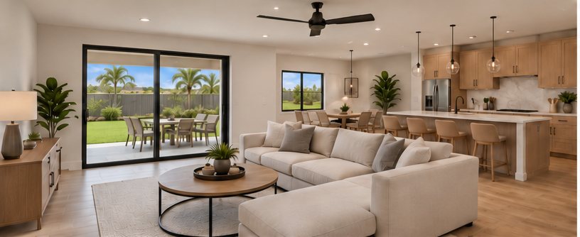 Rendering of the Sierra family room open to the kitchen island, with sliding doors to the covered lanai